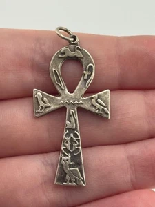 Vintage Sterlingsilber Ägyptische Hieroglyphe Ankh Kreuz Schlüssel des Lebens Anhänger - Bild 1 von 9