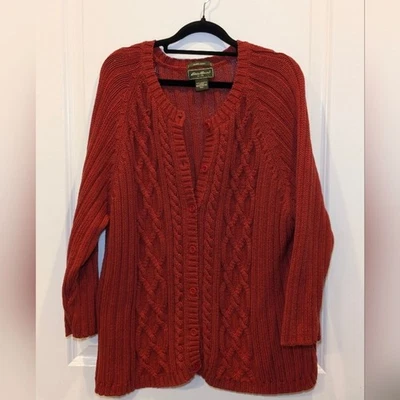 Cardigã Eddie Bauer tricotado à mão cabo XXL vermelho ferrugem suéter 100% algodão - Imagem 1 de 4
