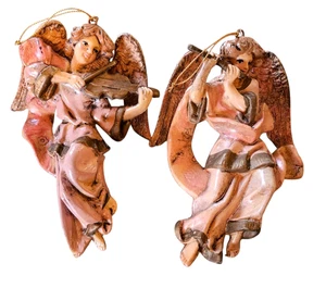 Set Of 2 Vintage Plastic Hand-Painted Angel Ornaments Playing Flute & Violin 6" - Picture 1 of 9