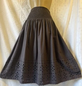 Brown Shirred Floral Broderie Anglaise Sze 10 Midi Flare Cotton Y2K Summer Skirt - Picture 1 of 13