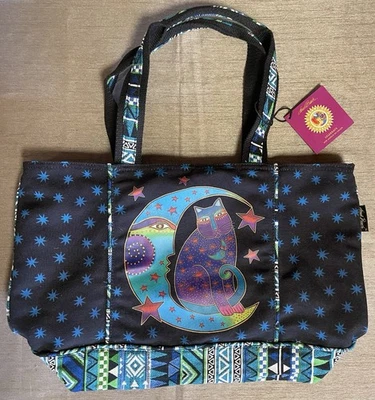 LAUREL BURCH LB8520, Moonside Cat Large Black Canvas Shoulder Tote, New Tags - Image 1 of 4
