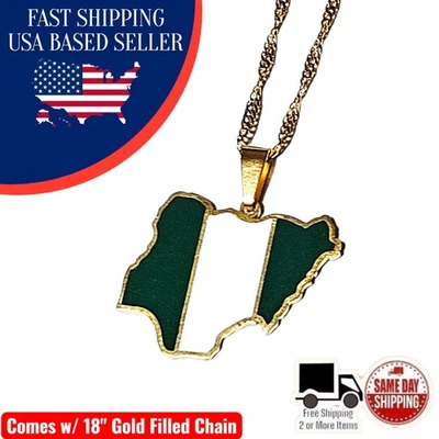 Colgante de acero inoxidable con mapa de bandera de Nigeria Nigeria relleno de oro con cadena de cuerda de 18" Foto 1 de 4