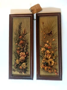 MaLeck Woodcraft Floral Wall Art Set Of 2 Vtg Wood Frames Signed Roberto 13x5 - Picture 1 of 8