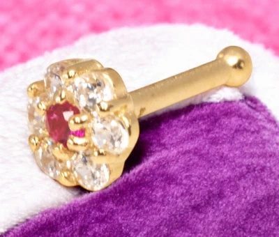 Perno de nariz de flor roja de oro macizo de 14k mm, anillo de nariz de hueso, perforación de nariz de 20 g, circonita cúbica Foto 1 de 4