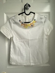 Jcrew Crewcuts Girls White Blouse Flower Jeweled Collar Shirt Top Size 12 - Picture 1 of 7