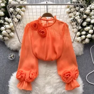 Women Loose Sheer Mesh Blouse Shirt Top Long Puff Sleeve Flower Rose Ruffle Top - Picture 1 of 22