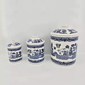 Vintage Blue Willow Japan Set of 3 Blue & White Kitchen Canisters & Lids - Picture 1 of 11
