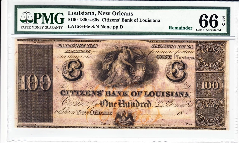 New Orleans, LA- Citizens' Bank of Louisiana $100 PMG 66 Gem Uncirculated - Image 1 of 1
