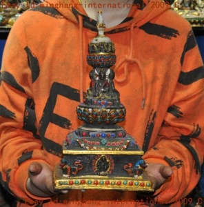 11.8"Tibet Meteorite iron Tiantie inlay gem Shakyamuni Stupa Pagoda Tower Statue - Picture 1 of 10