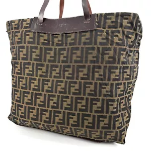 FENDI Zucca Handbag Tote Bag Purse Folding FF Nylon Khaki Brown Authentic - Picture 1 of 18
