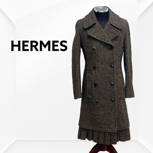 HERMÈS Cappotto lungo doppiopetto HERMES plissettato spina di pesce taglia 38 lana cashmere