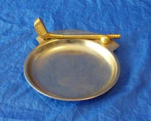 GOLF Inspired Ashtray Trinket Tray w/ Club & Ball Gold Tone Made in Taiwan VTG - Picture 1 of 5