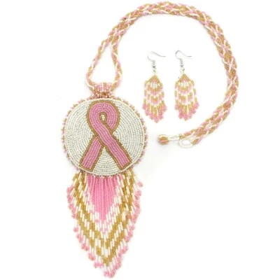 PENDIENTES COLLAR CONCIENCIA CÁNCER DE MAMA CINTA ROSA BLANCO CUENTAS ESTILO NATIVO Foto 1 de 4