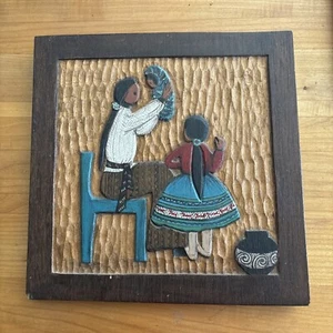 Hand Carved Wood Native American Papoose Mother Child Wall Picture Art Signed - Picture 1 of 7