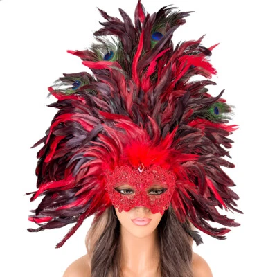 Venetian Masquerade Mask Top Red Feather Carnival Mardi Gras Baroque Mask - Image 1 of 4