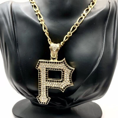 Collar Colgante Iced Out Pittsburgh P Chapado en Oro 18” 14k Hip Hop Inicial VER Foto 1 de 4