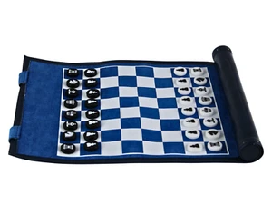 Blue Travel Roll Up Chess Set 13 Inch - Picture 1 of 7