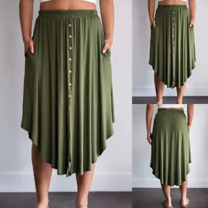 Womens High Waist Button Pleated Flared Midi Skirts Tunic Swing A-Line Dress US - Picture 1 of 13