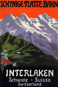 INTERLAKEN MOUNTAIN SWITZERLAND SWISS ALPS TOURISM TRAVEL VINTAGE POSTER REPRO