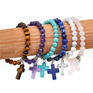 Gent's Natural Crystal Amethyst Stone Cross Pendant Beaded Charm Bracelet Bangle - Picture 1 of 23