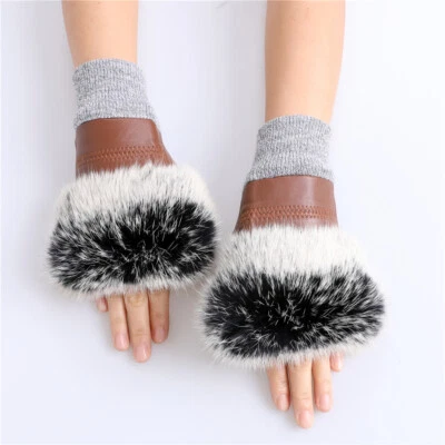 Women's Real Leather Winter Warm Fingerless Gloves Rabbit Fur Cuff Mittens Mitts - Image 1 of 4