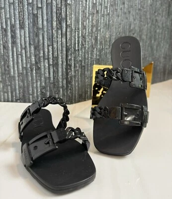 Authentic Gucci Black Rubber Chain Detail Slides Flats Sandals Size 35 - Image 1 of 4