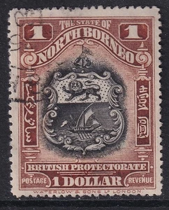 NORTH BORNEO GV SG180, $1 negro y castaño, BIEN USADO. - Imagen 1 de 2