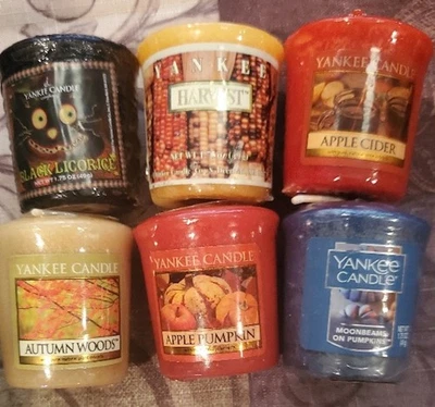 YANKEE CANDLE  Votive Lot 6; Black Licorice, Harvest, Moonbeams on Pumpkins+RARE - Image 1 of 2