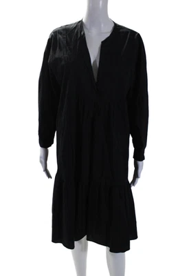 Zara Womens Long Sleeve V Neck High Low Shift Dress Black Cotton Size Small - Image 1 of 4