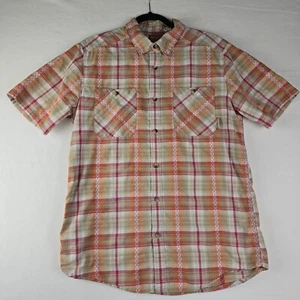 Merrell Mens L Red Plaid Shirt Opti-Wick UPF 20 Hiking Outdoor Camp Logo SS - Picture 1 of 9