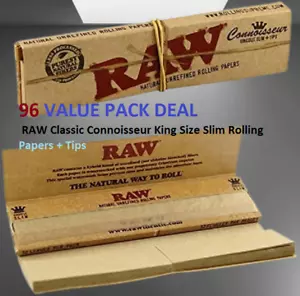 96 xVALUE PACK RAW Connoisseur King size Slim Skin Rolling Paper WITH Roach Tips - Picture 1 of 2