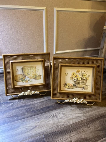 Vintage CLAUDESSA CARTER PRINTS BUTTERFLY & FLOWERS FRAMED Wicker & Wooklook (2) Cover