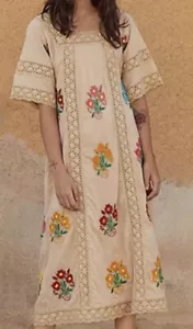 Embroidered Floral Maxi Dress XL HTF Festival Boho Cotton Crochet Trim Beautiful - Picture 1 of 9