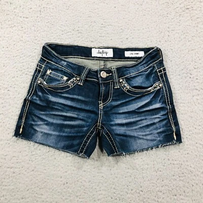 Daytrip Lynx Shorts Women 24 Blue Denim Stretch Thick Stitch Fade Whiskers Fray - Image 1 of 4