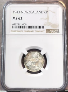 1943 NEW ZEALAND SILVER 6 PENCE HUIA BIRD GEORGE VI NGC MS 62 BEAUTIFUL COIN - Picture 1 of 3