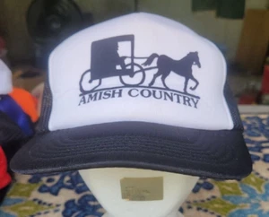 VINTAGE AMISH COUNTRY BLACK/WHITE TRUCKER MESH SNAPBACK HAT CAP - Picture 1 of 5