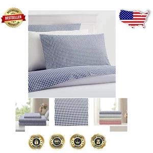 Classic 250tc 100% Cotton Gingham King Sheet Set - Cool Percale Weave, Navy - Picture 1 of 6