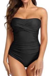 Women's Strapless One Piece Tummy Control Swimsuit Vintage Retro Ruched Bande... - Picture 1 of 6