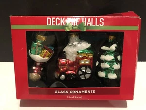Deck The Halls ~3" Glass Ornaments Shoe Toy Gift, Train, Tree Box of 3 - Picture 1 of 7
