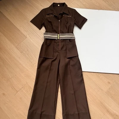 Mono Vintage Años 70 Marrón Pierna Ancha Mediano Boho Mod Cremallera Foto 1 de 4