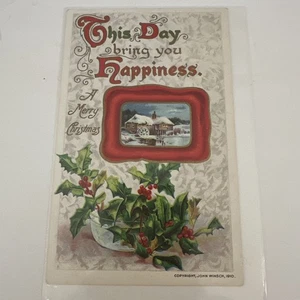 Winsch Frohe Weihnachten Stechpalme Beeren Schnee Landschaft 1910 Vintage Postkarte geprägt - Bild 1 von 2