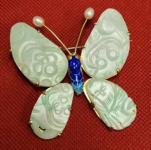 Chinese Export Carved Jade Enamel Pearl Gilt Sterling Silver Butterfly Brooch 2" - Picture 1 of 9