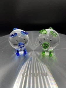 Lenox Art Glass Clear Blue & Green Pigs Piggys - Beautiful! - Picture 1 of 9
