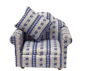 DOLLS HOUSE 1/12th ARMCHAIR BLUE WHITE PATTERNED STRIPE MODERN - Picture 1 of 1