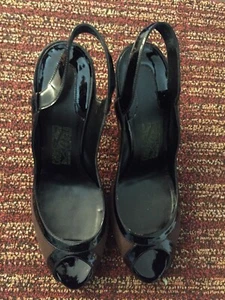 Salvatore Ferragamo Black/Brn Leather Peep Toe Sling Back Heels Shoes 10.5 D. - Picture 1 of 9
