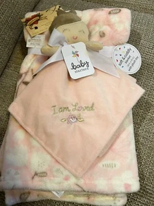 BABY STARTERS BLANKET & DOLLY SECURITY I AM LOVED PINK LOT 2 BROWN HAIR FLOWERS - Picture 1 of 8