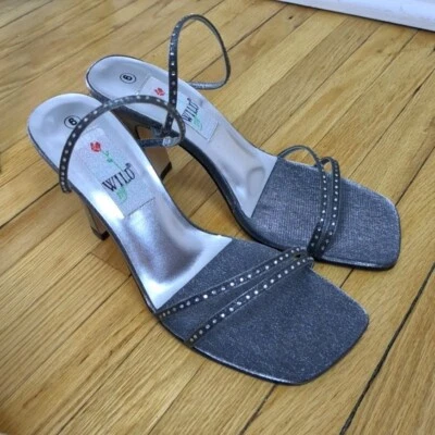NWT Vintage 90s Wild Rose Silver Heels, Strappy Sandals, Rhinestone Prom, Size 6 - Image 1 of 4