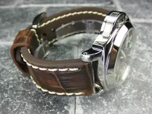 Cinturino Orologio 26mm BIG CROCO In Pelle Antico Marrone Spessa Bianco per PANERAI - Foto 1 di 11
