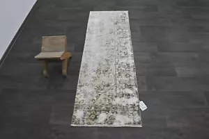Vintage Turkish Runner Rug 2x5ft Wool Anatolian Handmade Hallway Oushak BEIGE - Picture 1 of 9