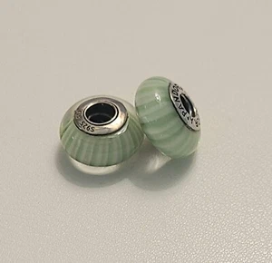 Pandora Set Of Two Murano Glass Charms Light Green And White Stripe Design - Picture 1 of 1